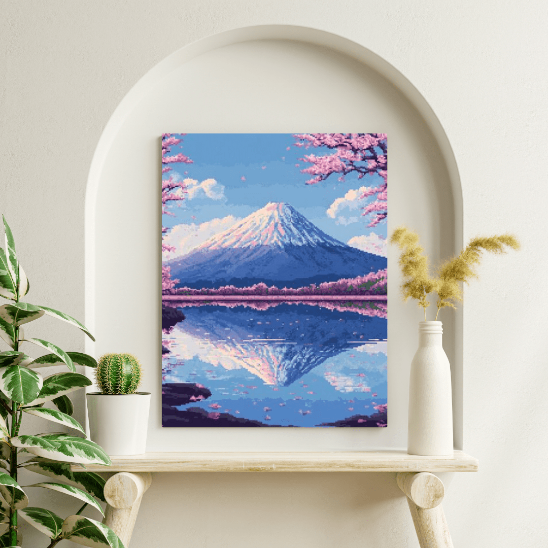 Sakura & Mount Fuji - Pixel Art Wall Art - Aestheticanvas