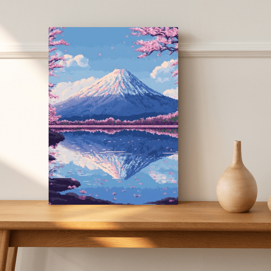 Sakura & Mount Fuji - Pixel Art Wall Art - Aestheticanvas