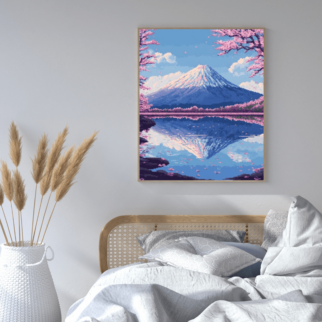 Sakura & Mount Fuji - Pixel Art Wall Art - Aestheticanvas