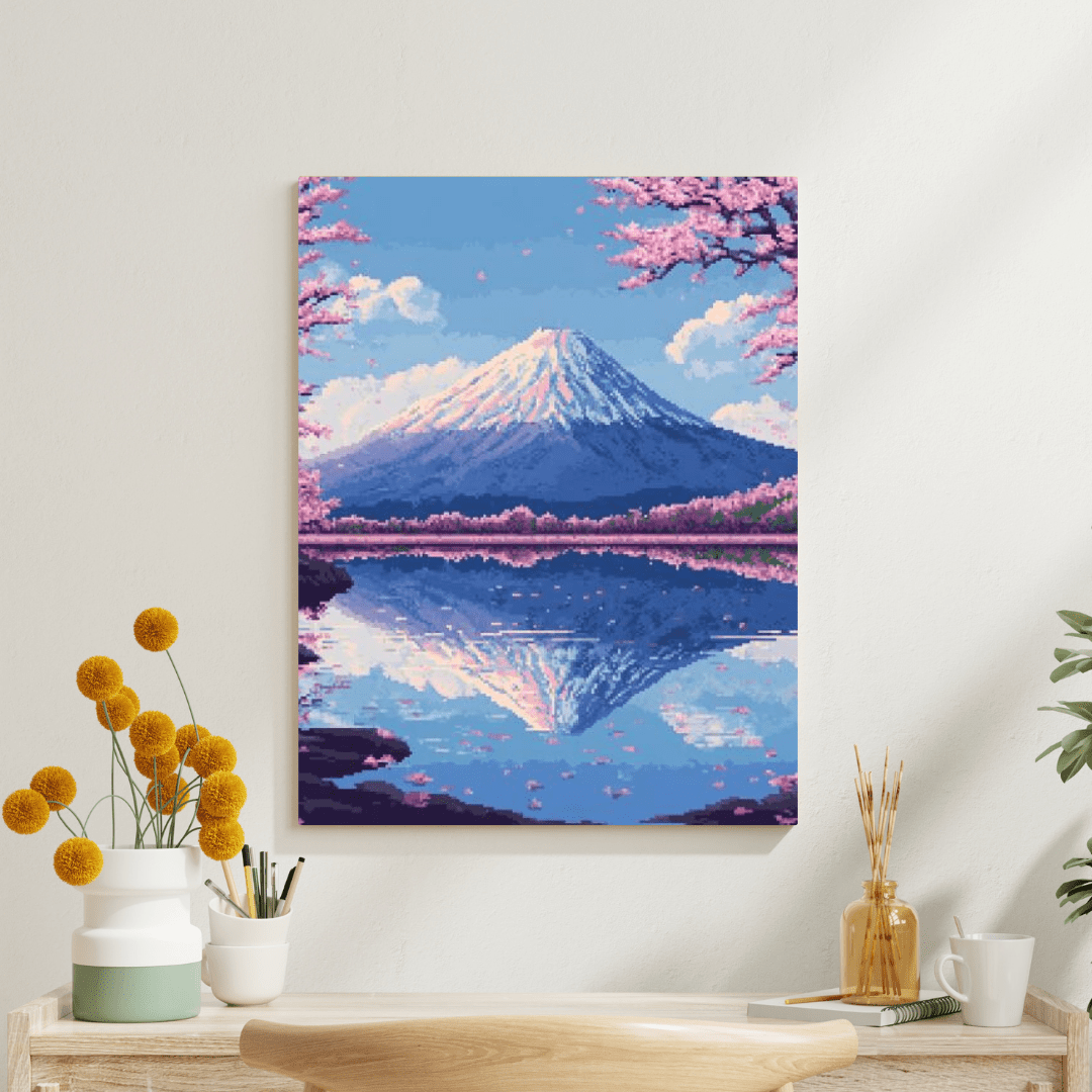 Sakura & Mount Fuji - Pixel Art Wall Art - Aestheticanvas