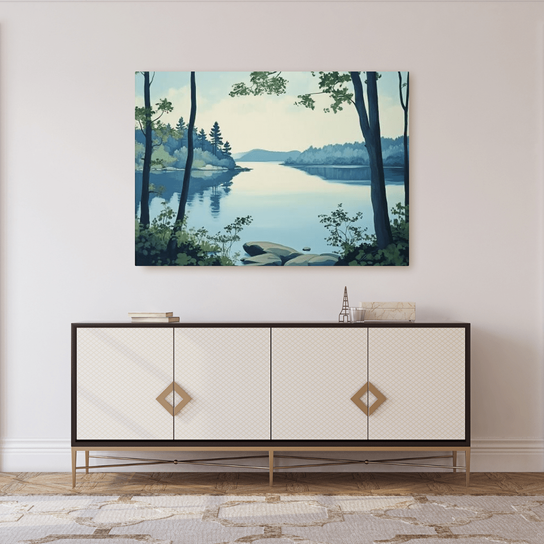 Scandinavian Lakeside Reflection - Landscape Wall Art - Aestheticanvas