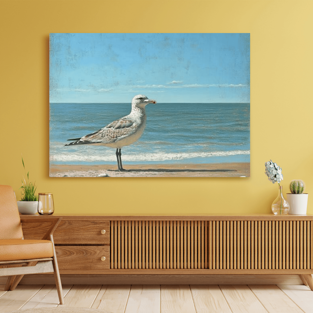 Seagull's Tranquil Shoreline View - Beach Wall Art - Aestheticanvas