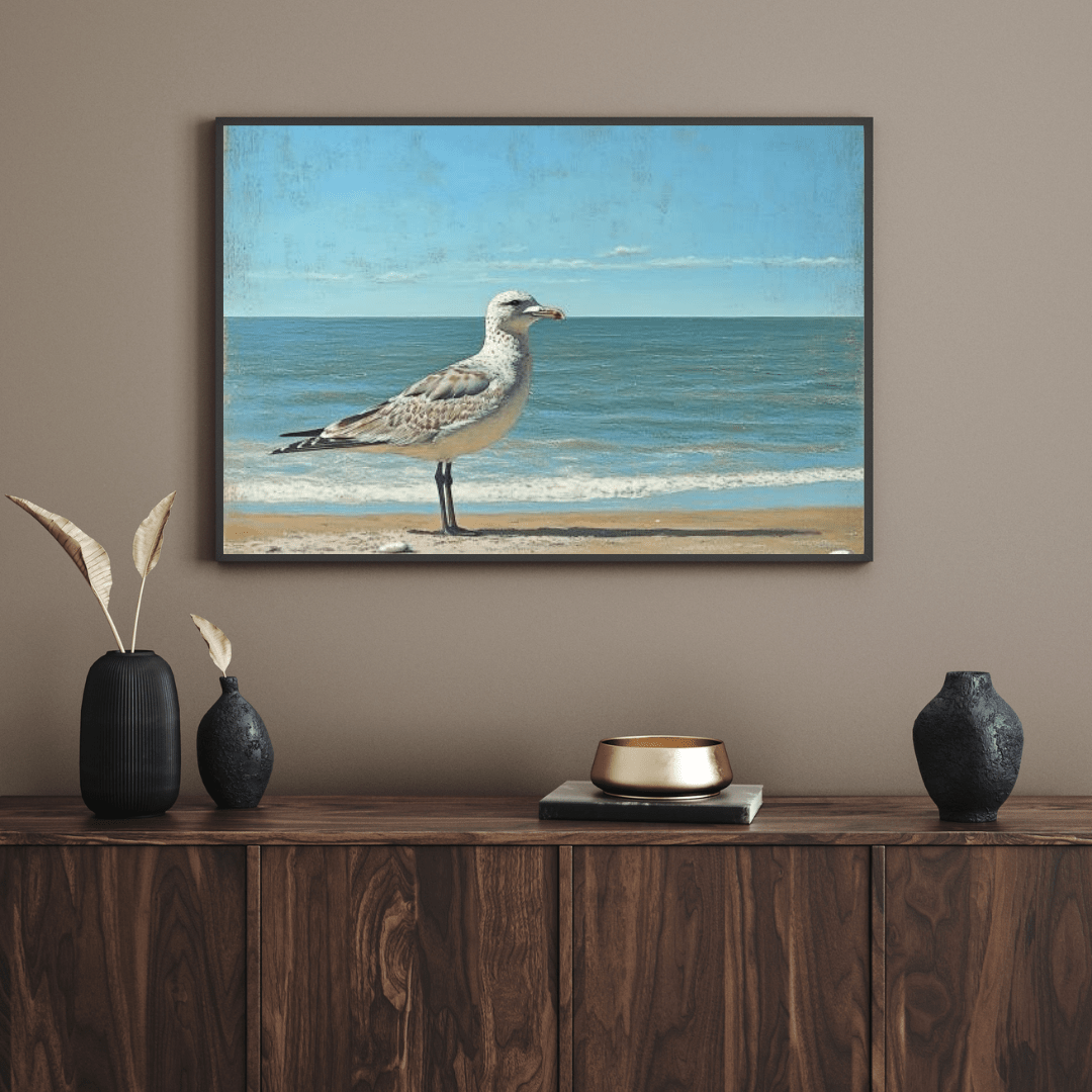 Seagull's Tranquil Shoreline View - Beach Wall Art - Aestheticanvas