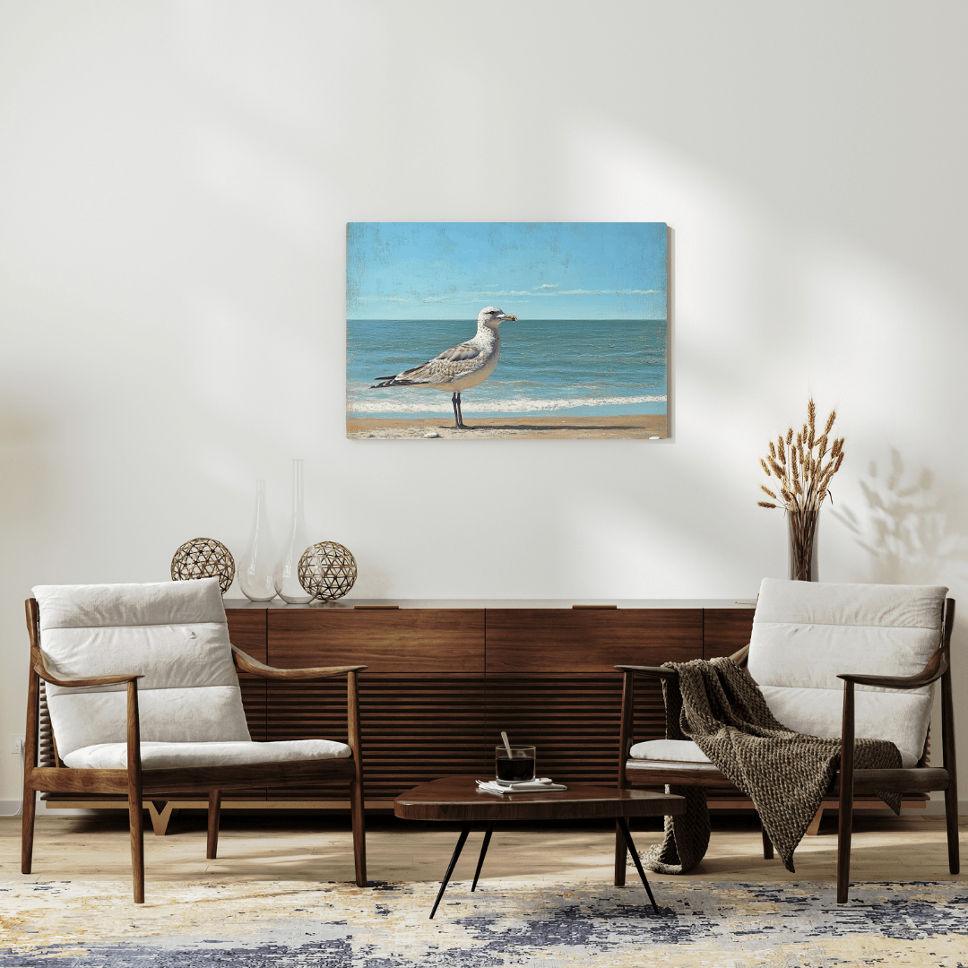 Seagull's Tranquil Shoreline View - Beach Wall Art - Aestheticanvas