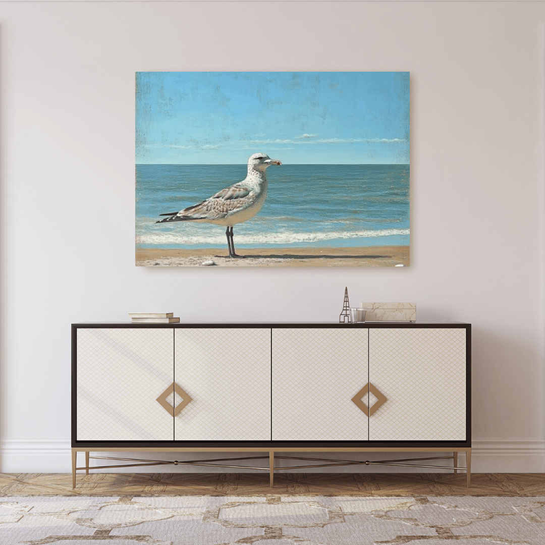 Seagull's Tranquil Shoreline View - Beach Wall Art - Aestheticanvas