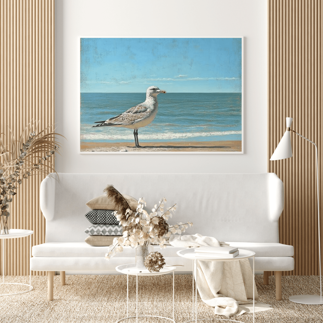 Seagull's Tranquil Shoreline View - Beach Wall Art - Aestheticanvas