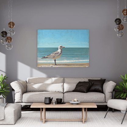 Seagull's Tranquil Shoreline View - Beach Wall Art - Aestheticanvas