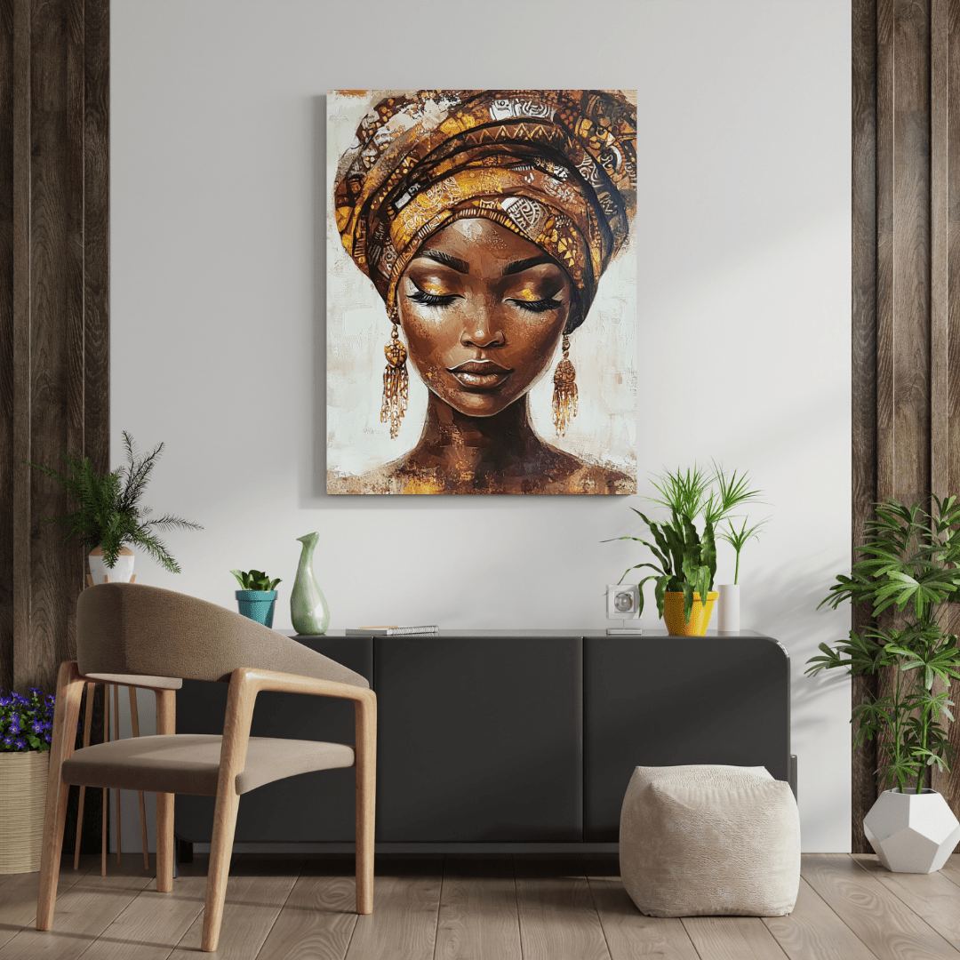 Serene African Woman with Gele - Portrait Wall Art - Aestheticanvas