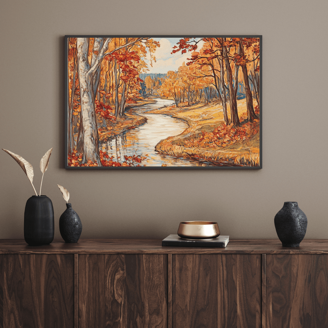 Serene Autumn River Landscape - Nature Wall Art - Aestheticanvas