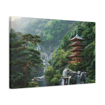 Serene Japanese Pagoda Waterfalls - Japan Wall Art - Aestheticanvas