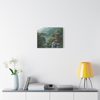 Serene Japanese Pagoda Waterfalls - Japan Wall Art - Aestheticanvas