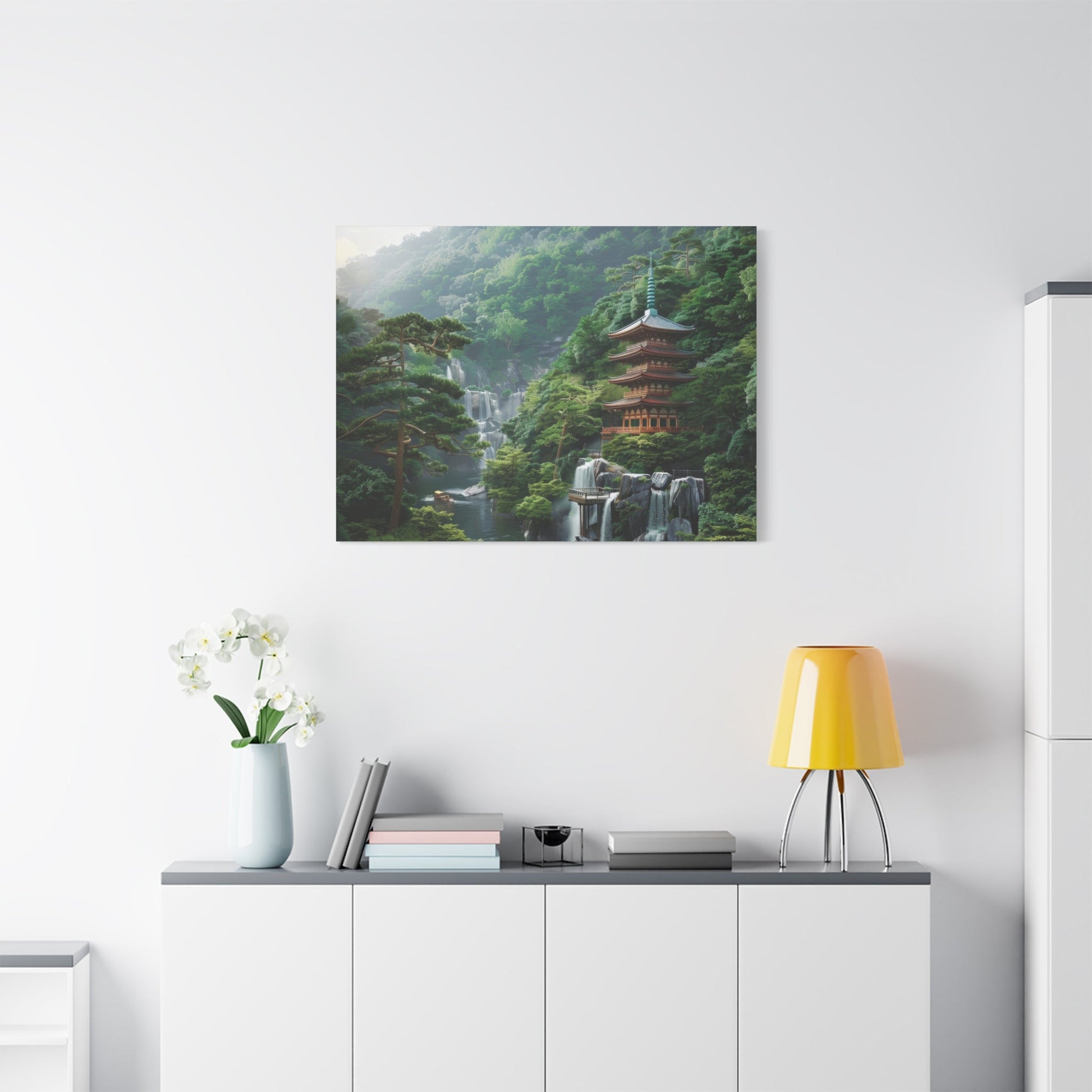 Serene Japanese Pagoda Waterfalls - Japan Wall Art - Aestheticanvas