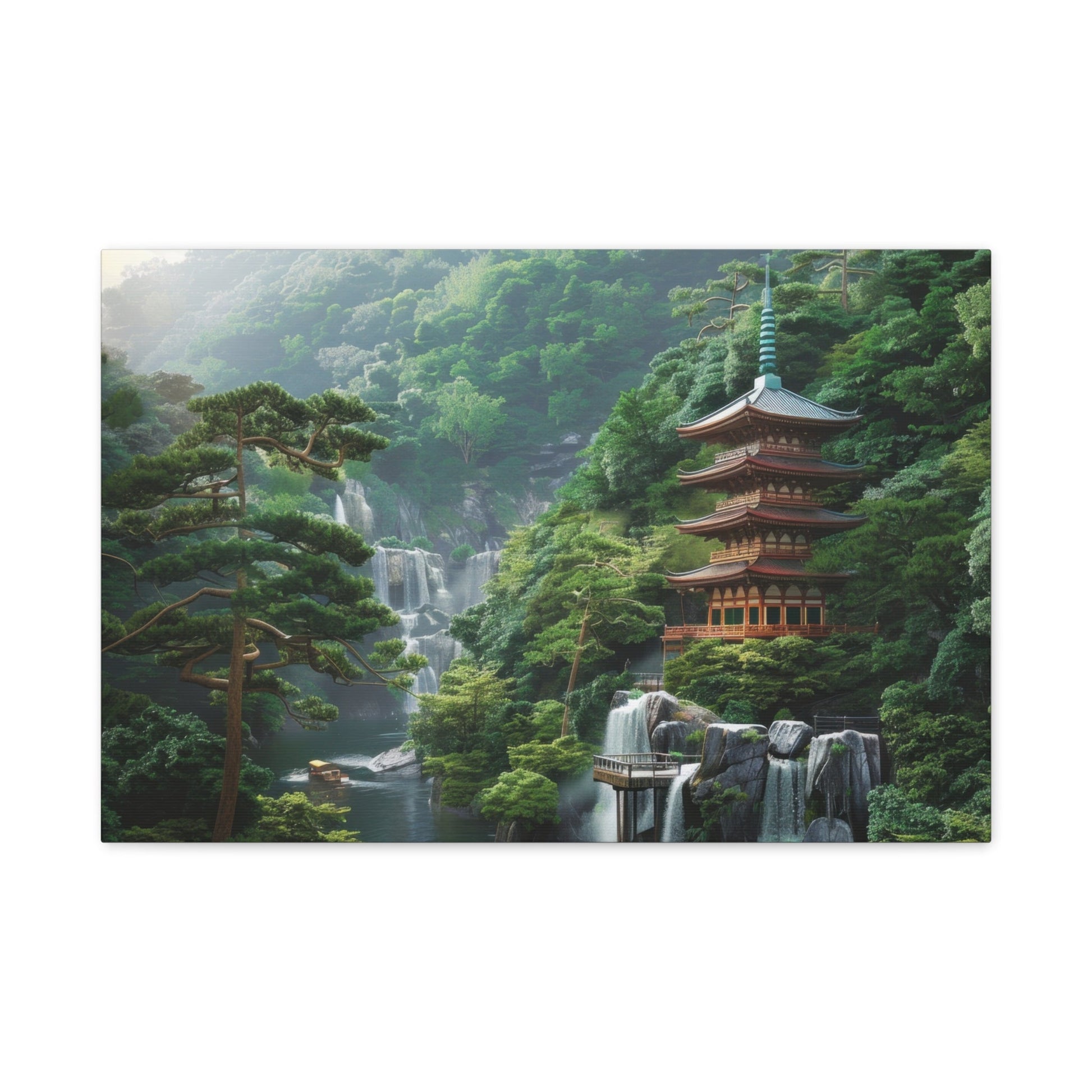 Serene Japanese Pagoda Waterfalls - Japan Wall Art - Aestheticanvas