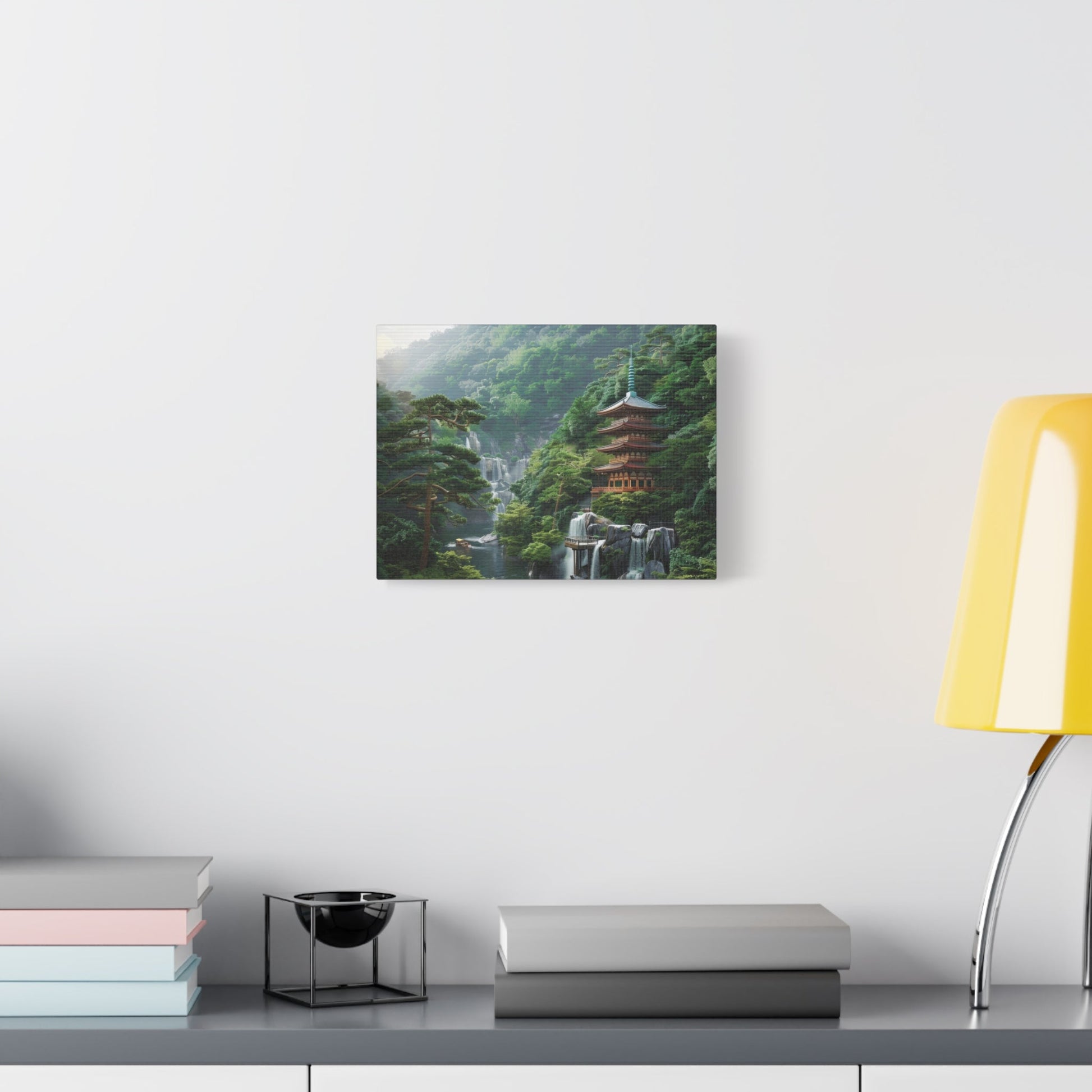 Serene Japanese Pagoda Waterfalls - Japan Wall Art - Aestheticanvas