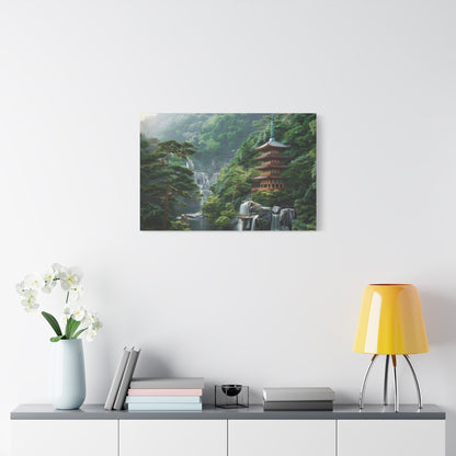 Serene Japanese Pagoda Waterfalls - Japan Wall Art - Aestheticanvas