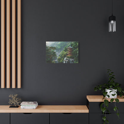 Serene Japanese Pagoda Waterfalls - Japan Wall Art - Aestheticanvas