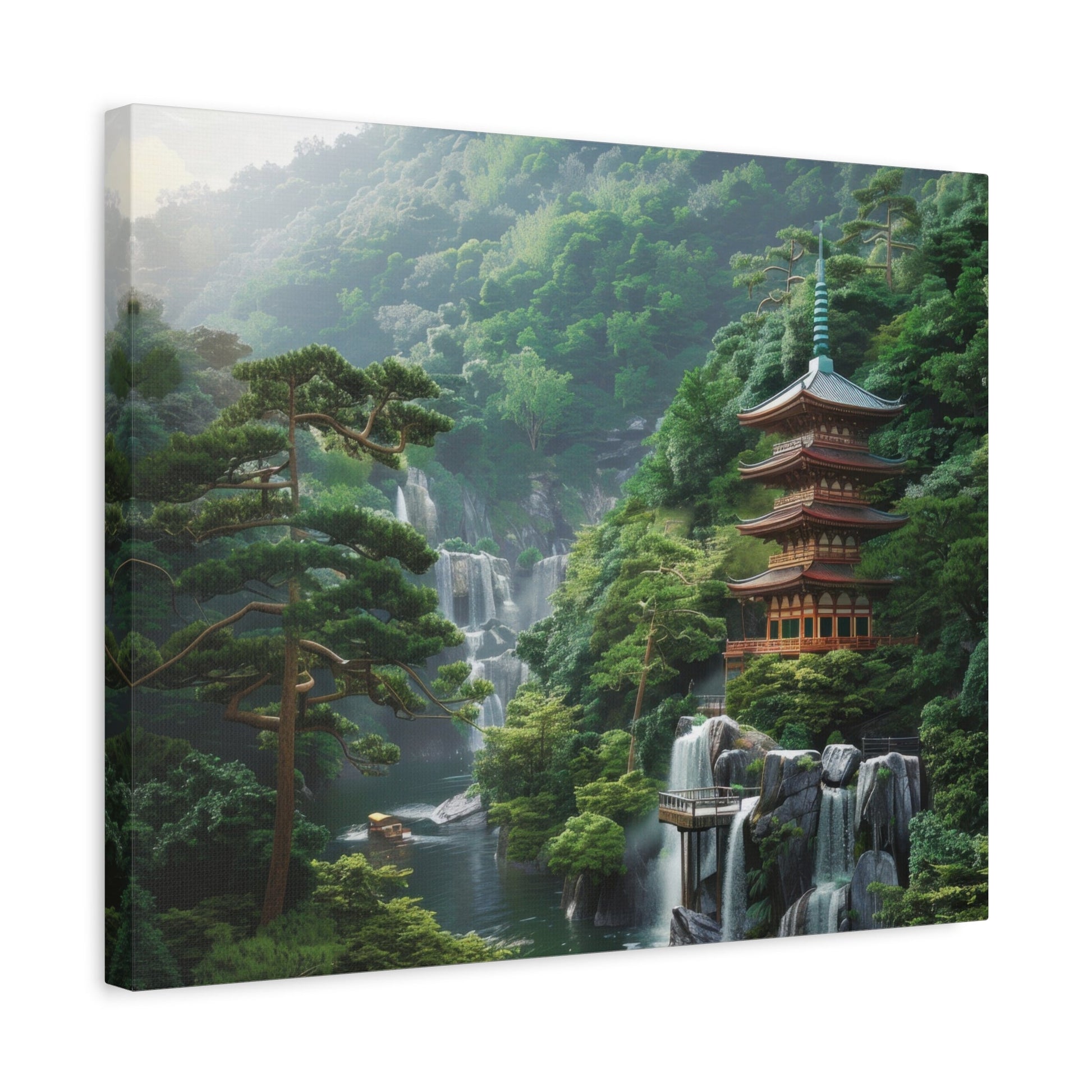 Serene Japanese Pagoda Waterfalls - Japan Wall Art - Aestheticanvas