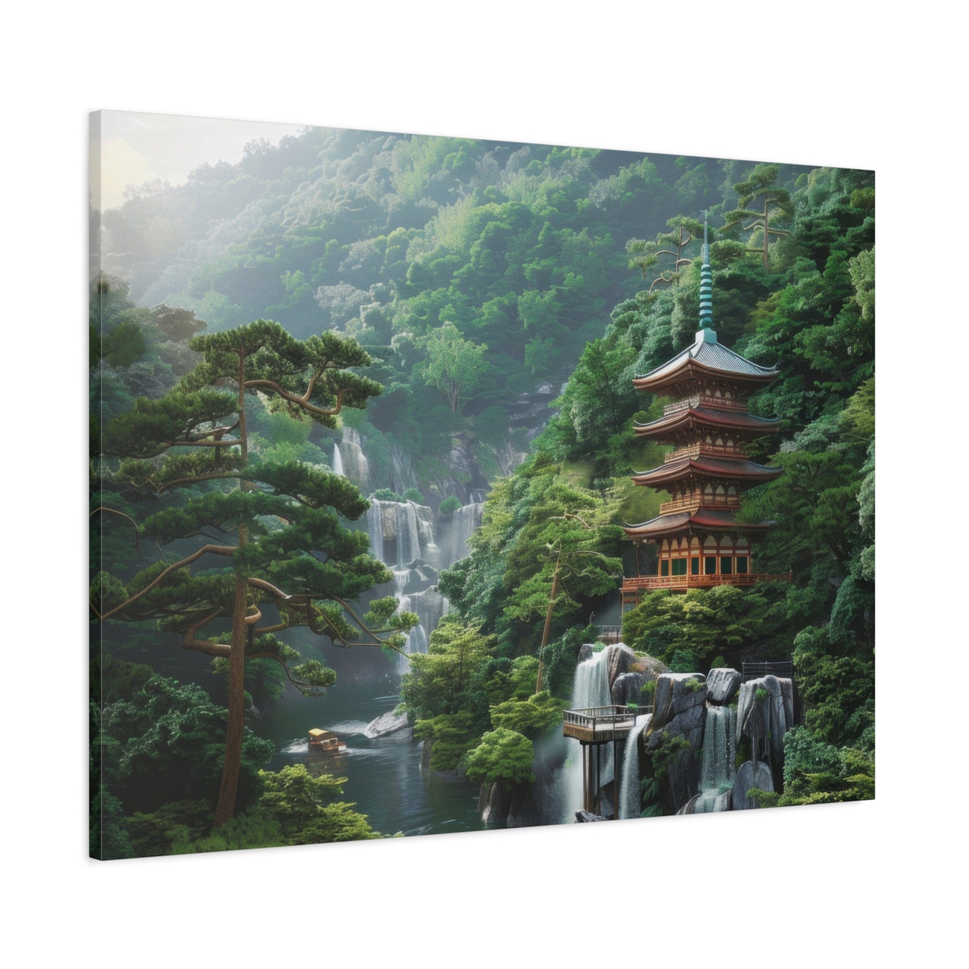 Serene Japanese Pagoda Waterfalls - Japan Wall Art - Aestheticanvas