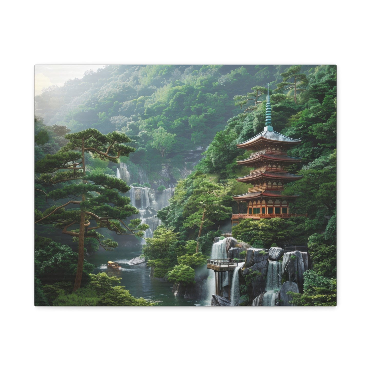 Serene Japanese Pagoda Waterfalls - Japan Wall Art - Aestheticanvas