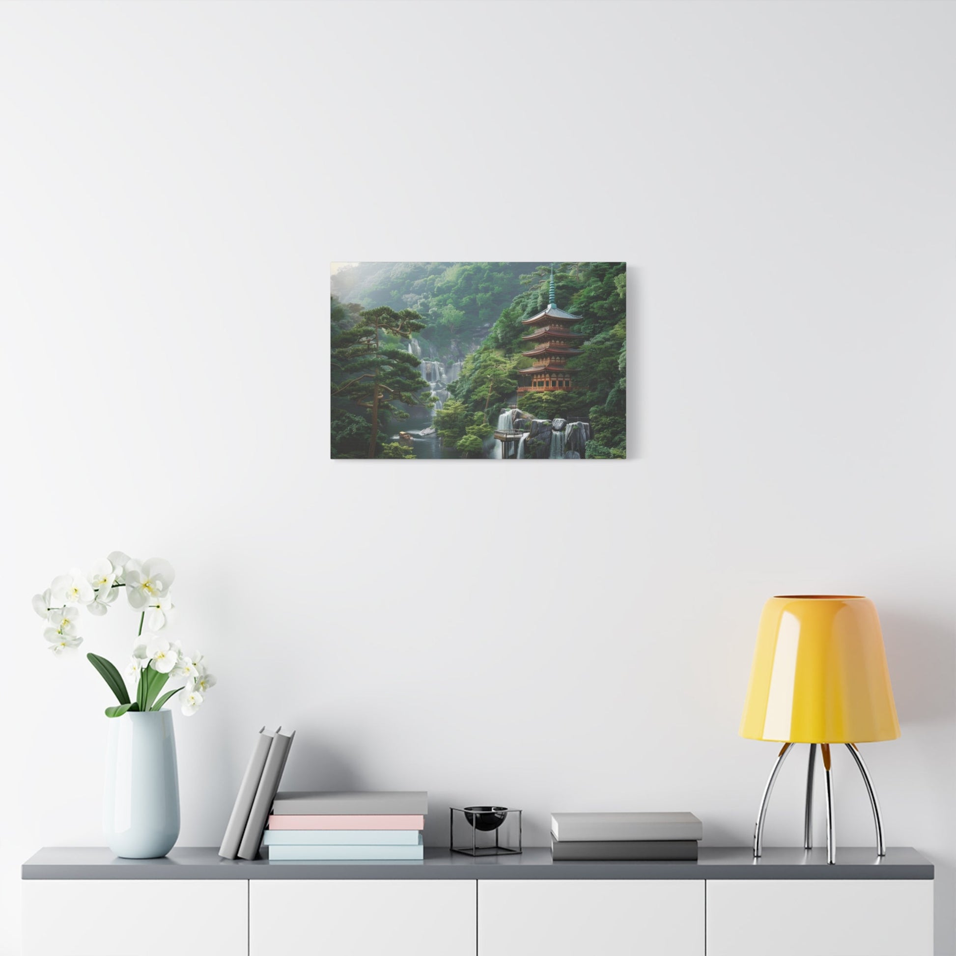 Serene Japanese Pagoda Waterfalls - Japan Wall Art - Aestheticanvas