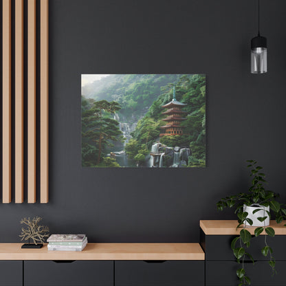 Serene Japanese Pagoda Waterfalls - Japan Wall Art - Aestheticanvas