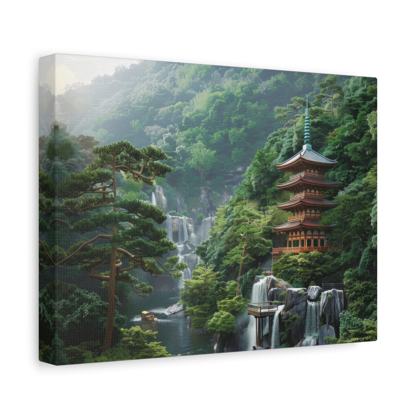 Serene Japanese Pagoda Waterfalls - Japan Wall Art - Aestheticanvas