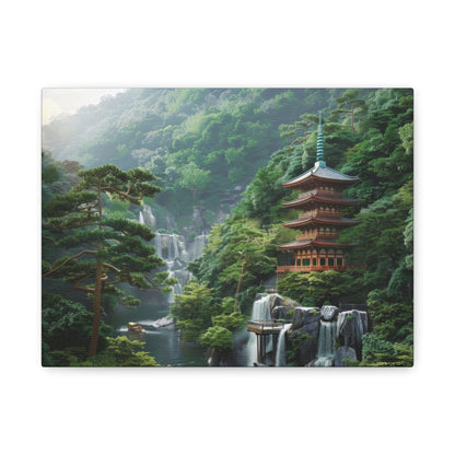 Serene Japanese Pagoda Waterfalls - Japan Wall Art - Aestheticanvas