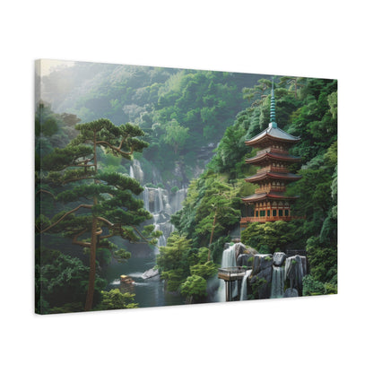 Serene Japanese Pagoda Waterfalls - Japan Wall Art - Aestheticanvas