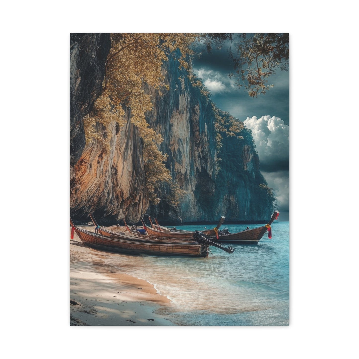 Serene Longtail Boats by Tropical Cliffside - Beach Wall Art - Aestheticanvas