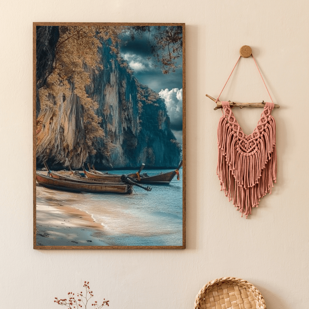 Serene Longtail Boats by Tropical Cliffside - Beach Wall Art - Aestheticanvas