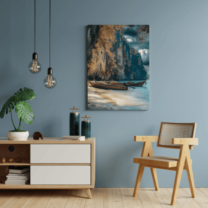 Serene Longtail Boats by Tropical Cliffside - Beach Wall Art - Aestheticanvas