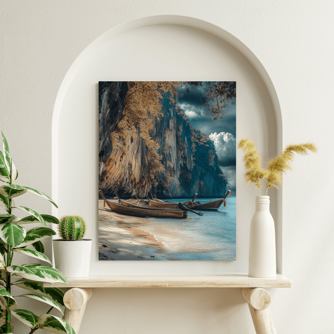 Serene Longtail Boats by Tropical Cliffside - Beach Wall Art - Aestheticanvas