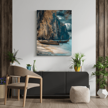 Serene Longtail Boats by Tropical Cliffside - Beach Wall Art - Aestheticanvas