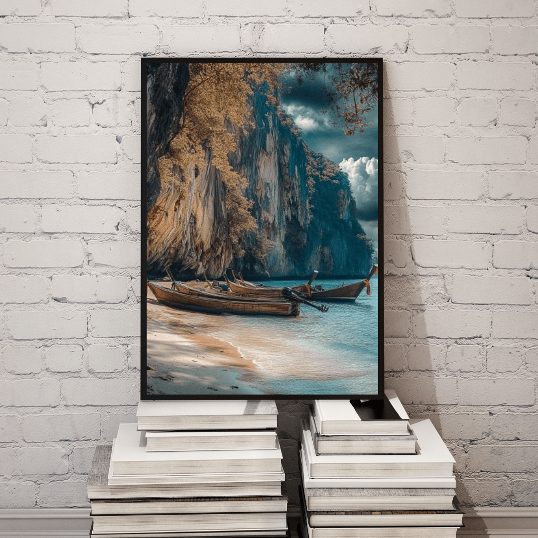 Serene Longtail Boats by Tropical Cliffside - Beach Wall Art - Aestheticanvas