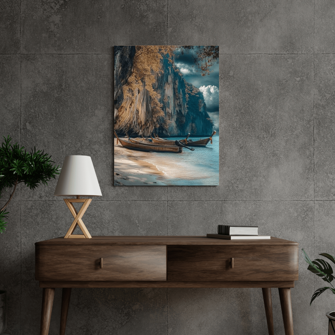 Serene Longtail Boats by Tropical Cliffside - Beach Wall Art - Aestheticanvas