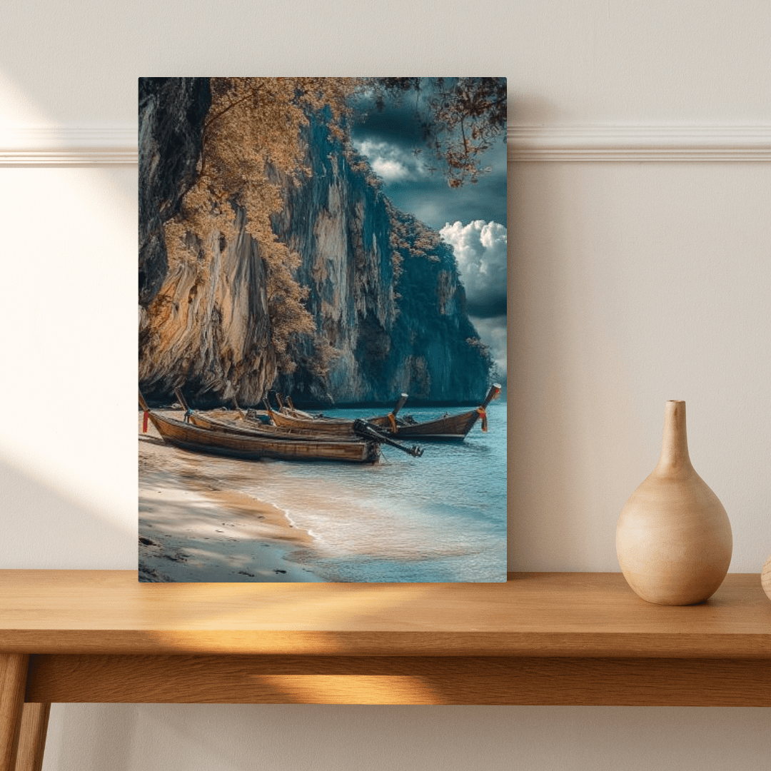 Serene Longtail Boats by Tropical Cliffside - Beach Wall Art - Aestheticanvas