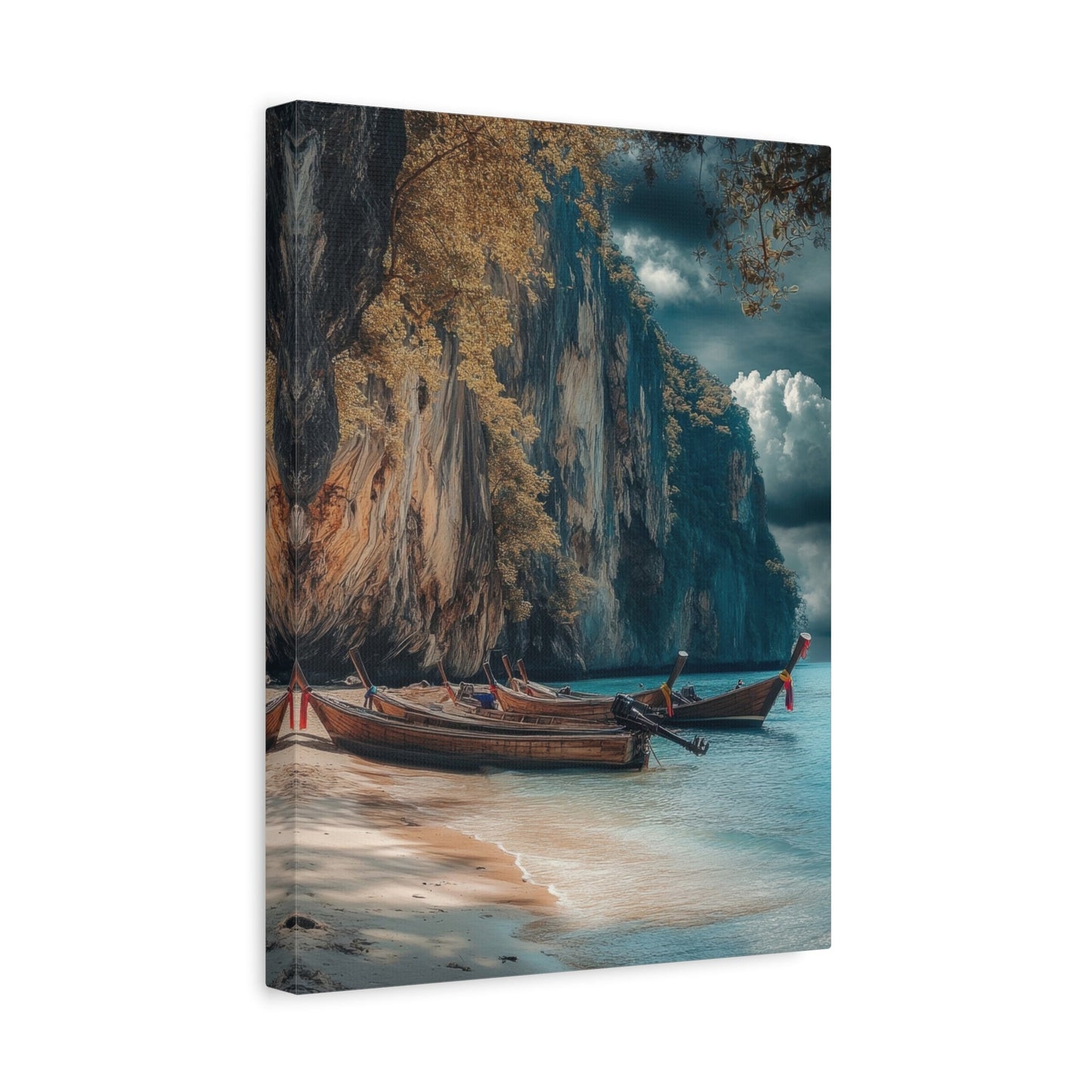 Serene Longtail Boats by Tropical Cliffside - Beach Wall Art - Aestheticanvas