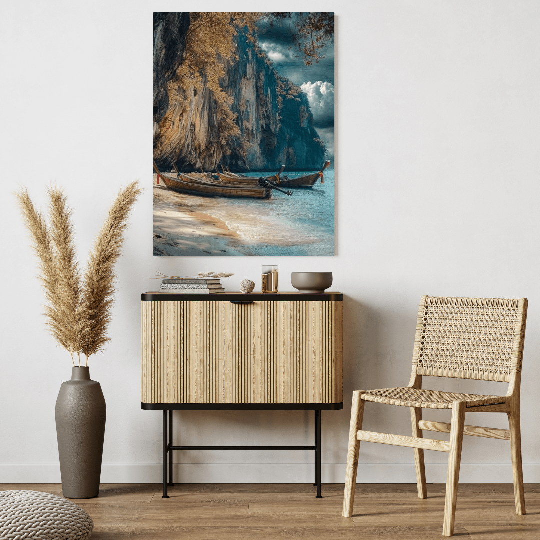 Serene Longtail Boats by Tropical Cliffside - Beach Wall Art - Aestheticanvas