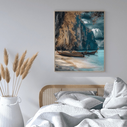 Serene Longtail Boats by Tropical Cliffside - Beach Wall Art - Aestheticanvas