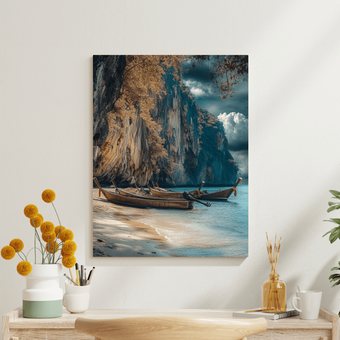 Serene Longtail Boats by Tropical Cliffside - Beach Wall Art - Aestheticanvas