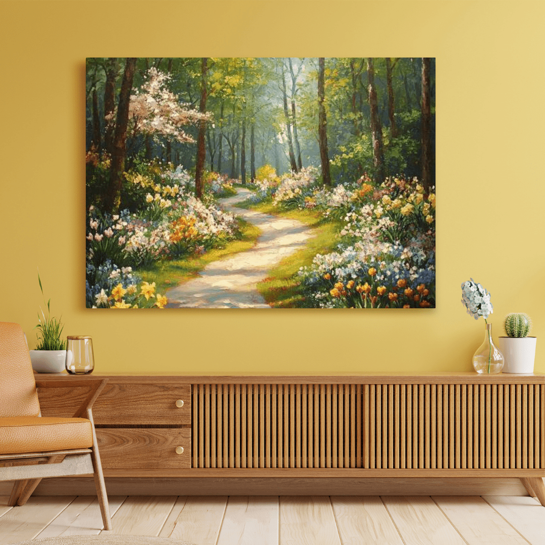 Serene Spring Forest Pathway - Floral Wall Art - Aestheticanvas