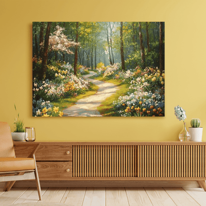 Serene Spring Forest Pathway - Floral Wall Art - Aestheticanvas