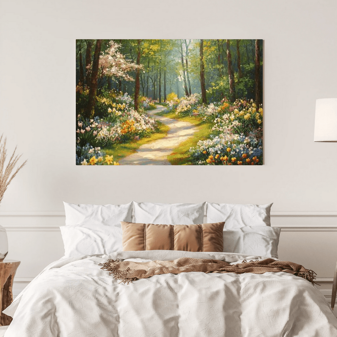 Serene Spring Forest Pathway - Floral Wall Art - Aestheticanvas