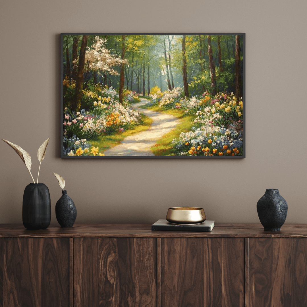 Serene Spring Forest Pathway - Floral Wall Art - Aestheticanvas