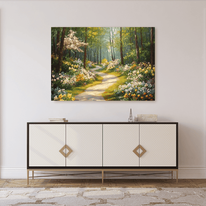 Serene Spring Forest Pathway - Floral Wall Art - Aestheticanvas