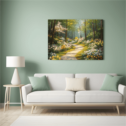 Serene Spring Forest Pathway - Floral Wall Art - Aestheticanvas