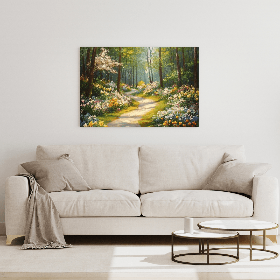 Serene Spring Forest Pathway - Floral Wall Art - Aestheticanvas