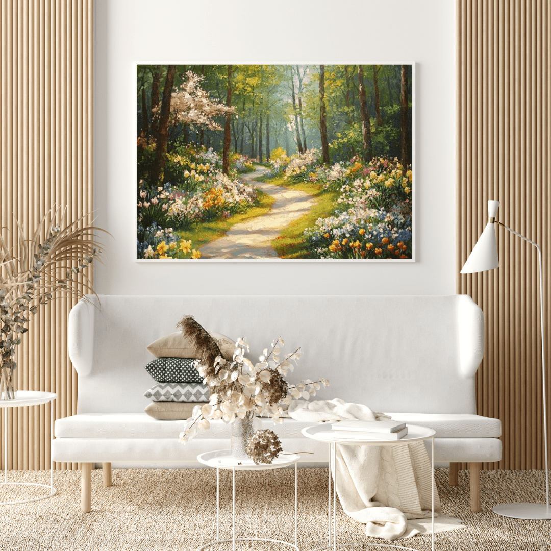 Serene Spring Forest Pathway - Floral Wall Art - Aestheticanvas