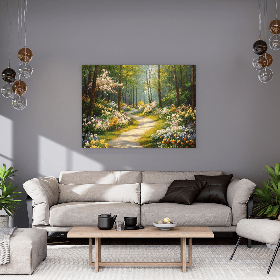 Serene Spring Forest Pathway - Floral Wall Art - Aestheticanvas