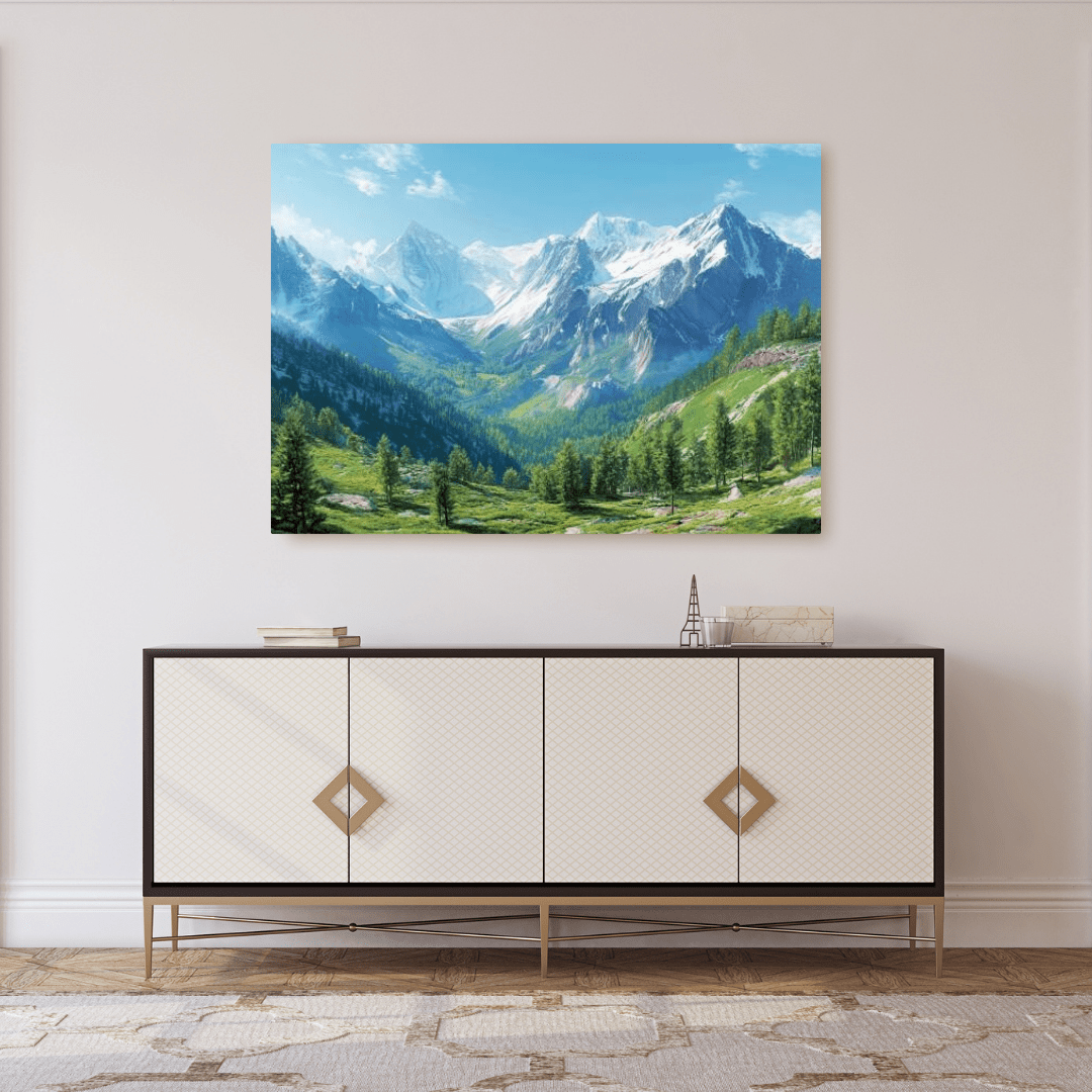 Snowy Peaks & Verdant Valley - Landscape Wall Art - Aestheticanvas